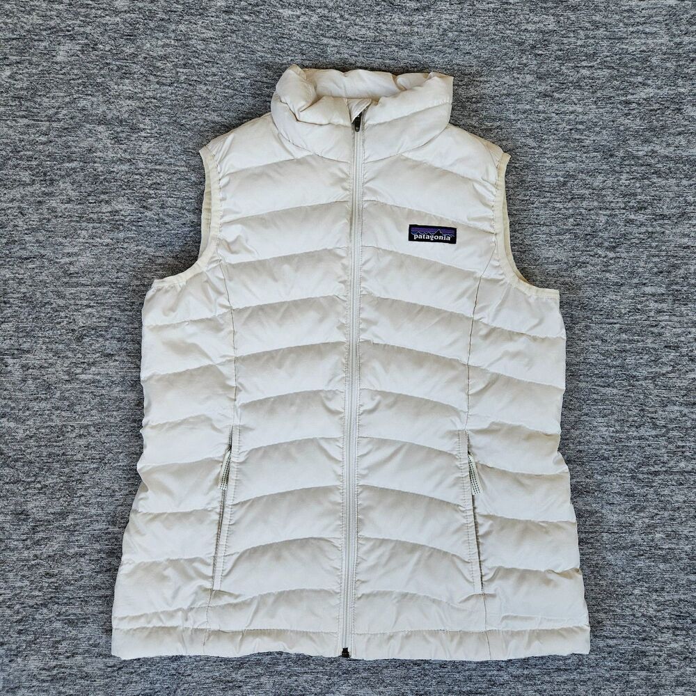 Patagonia Girls Small White Down Puffer Vest Mid-Length Full Zip Pockets Outdoor